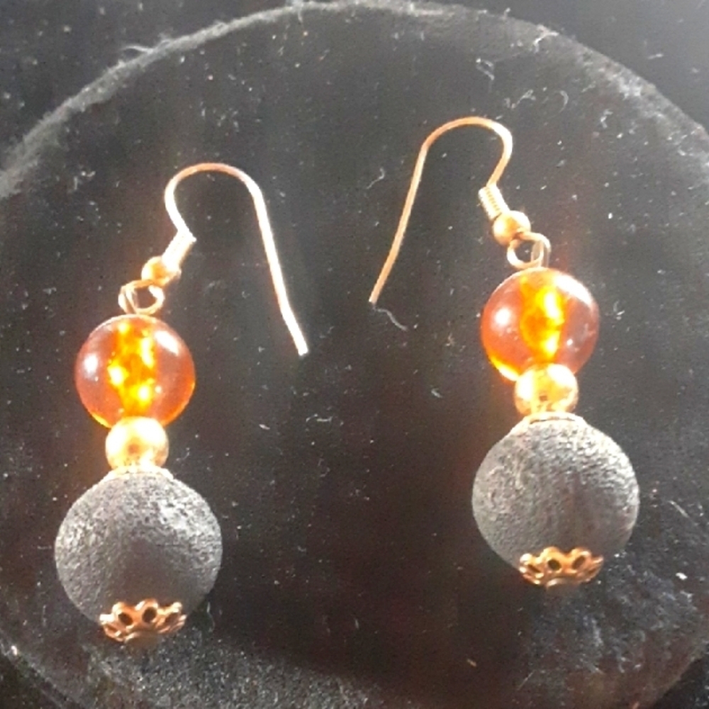 Gold Tone and Black Beaded Earrings with Textured Design